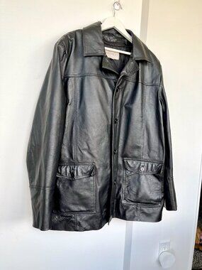 Retreat Vintage Men’s XL 46 Black Leather Car Coat Removable Liner